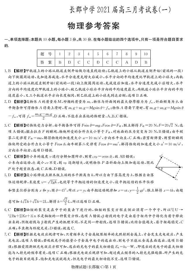 2021届湖南省长沙市长郡中学高三上学期月考（一）物理试题 PDF版01