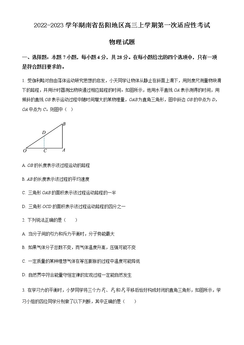 2022-2023学年湖南省岳阳地区高三上学期第一次适应性考试 物理试题第1页