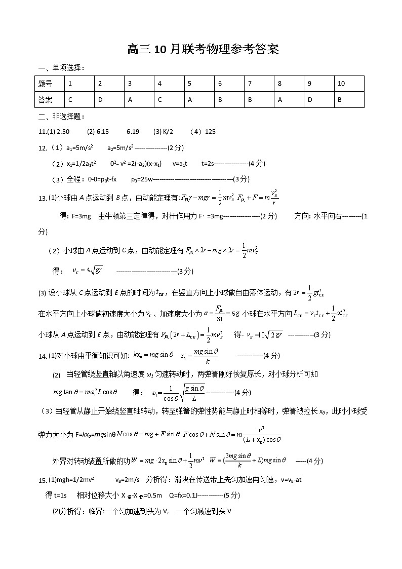 高三10月联考物理参考答案第1页