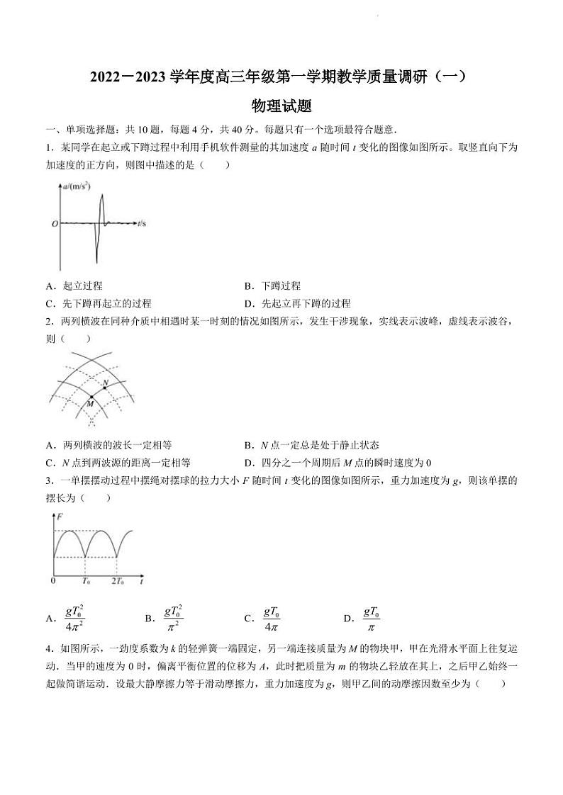 2023届江苏省南通市如皋市高三上学期教学质量调研（一） 物理试题（ PDF版）第1页