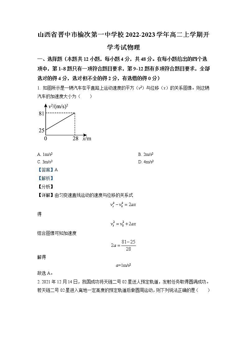 2022-2023学年山西省晋中市榆次第一中学校高二上学期开学考试物理试题 解析版01