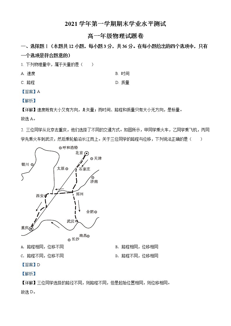 精品解析：浙江省杭州市七县市2021-2022学年高一（上）期末学业水平测试物理试题（解析版）第1页