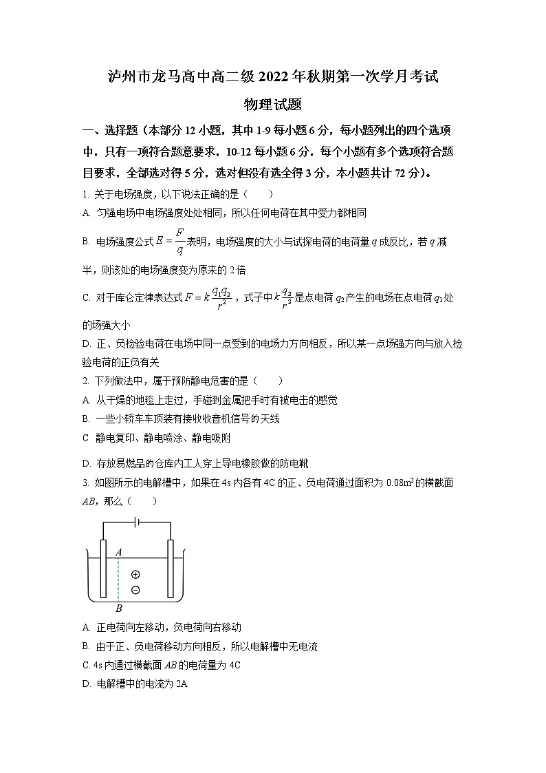 2022-2023学年四川省泸州市龙马高中高二上学期第一次月考物理试题01