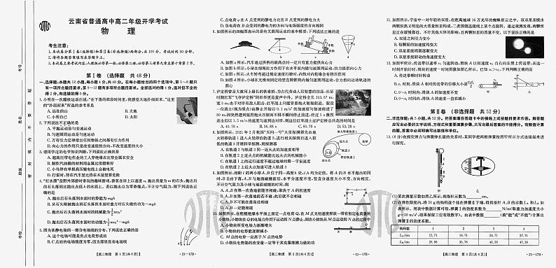 2023云南省高二上学期8月开学联考物理试题扫描版含答案01