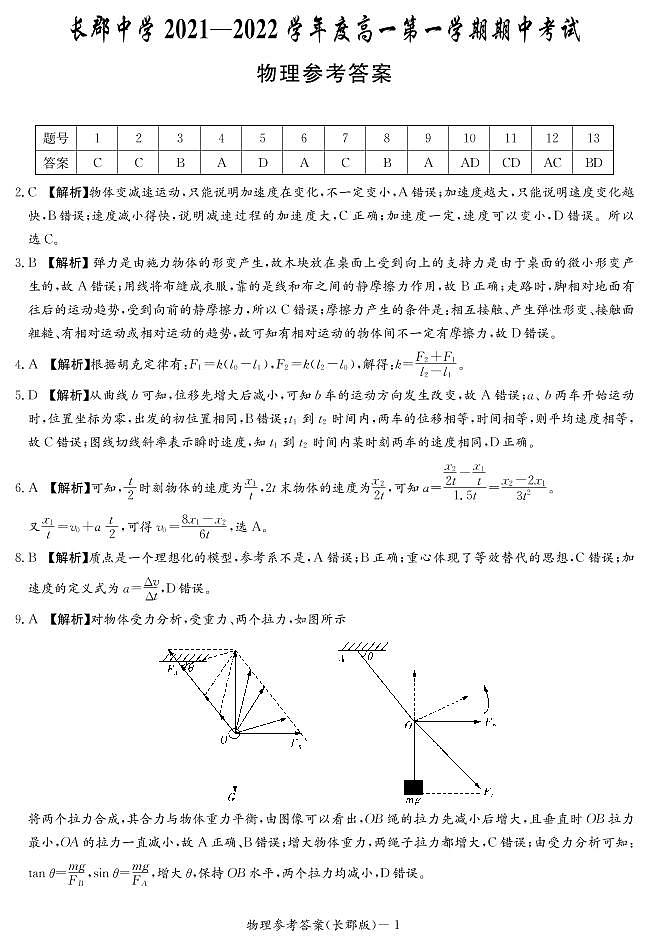 物理答案（长郡高一期中）第1页