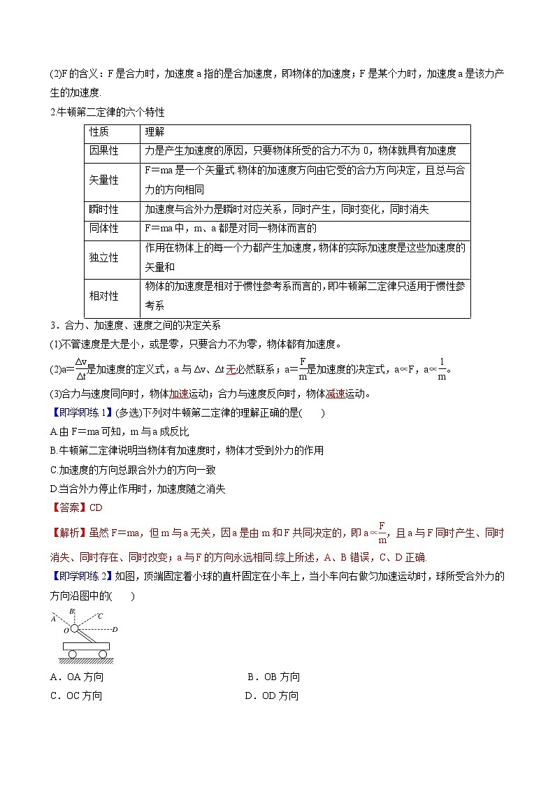 4.3  牛顿第二定律 教案 高中物理新人教版必修第一册第2页