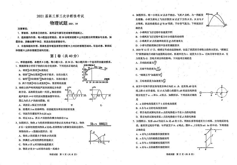 2021山东省实验中学高三下学期4月第一次模拟考试（一模）物理试题PDF版含答案01