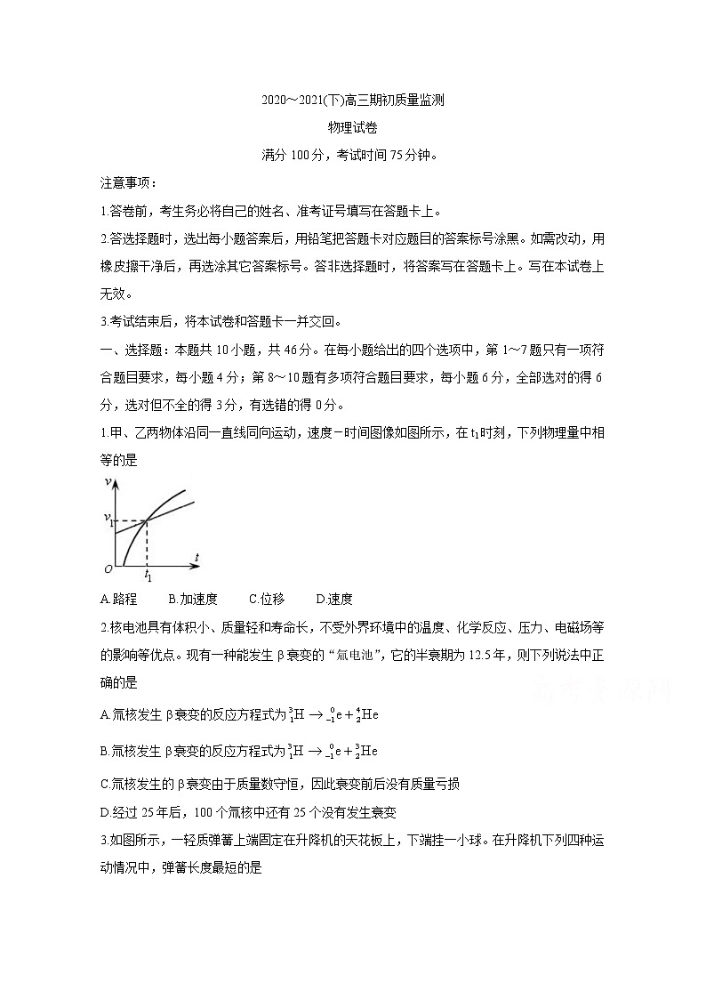2021丹东高三下学期期初考试物理含答案第1页
