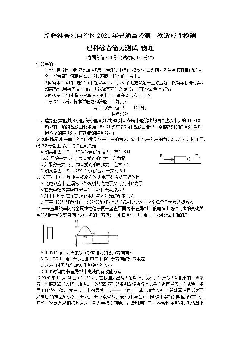 2021维吾尔自治区高三下学期普通高考第一次适应性检测理综物理试题含答案第1页