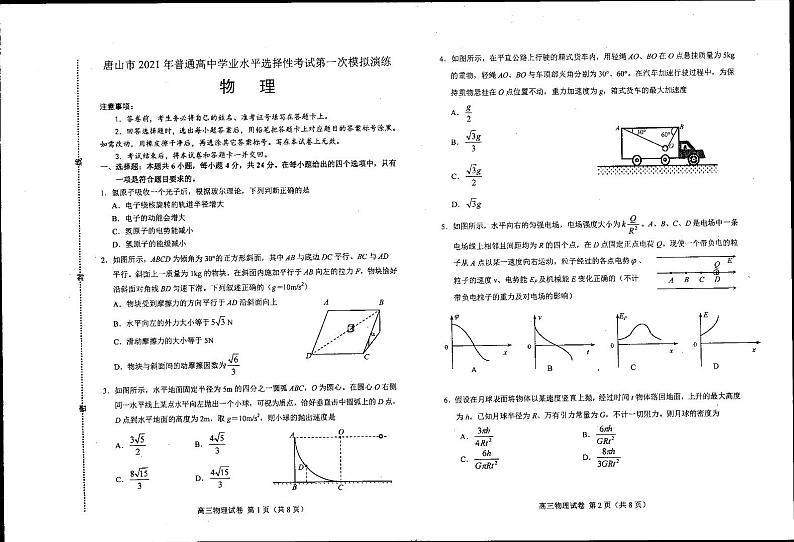 2021唐山高三高考一模考试物理试题扫描版含答案01
