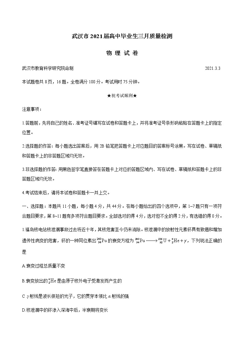 湖北省武汉市2021届高三3月质量检测物理试题(无答案)第1页