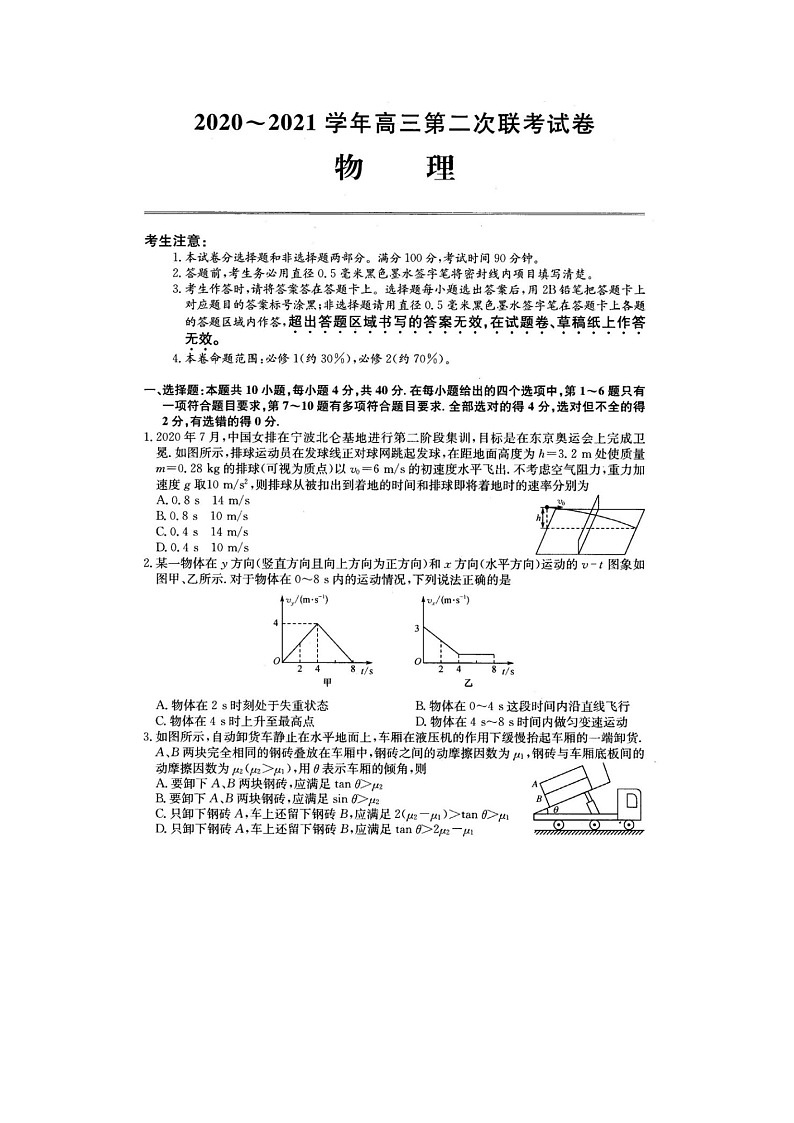 2021河南五县市部分学校高三上学期第二次联考物理试题图片版含答案第1页
