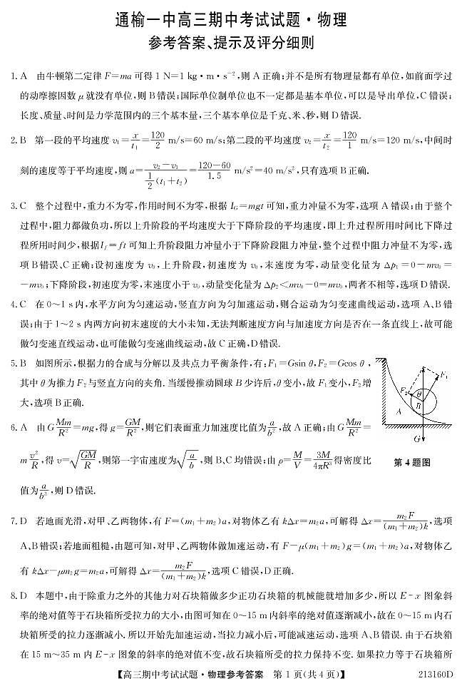 吉林省通榆县第一中学2021届高三上学期期中考试物理答案第1页