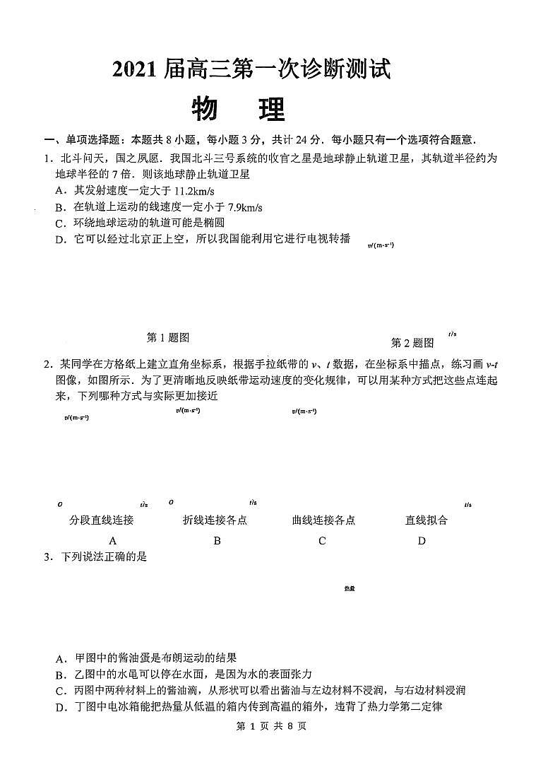 2021南通通州区高三第一次诊断测试物理试卷PDF版含答案第1页