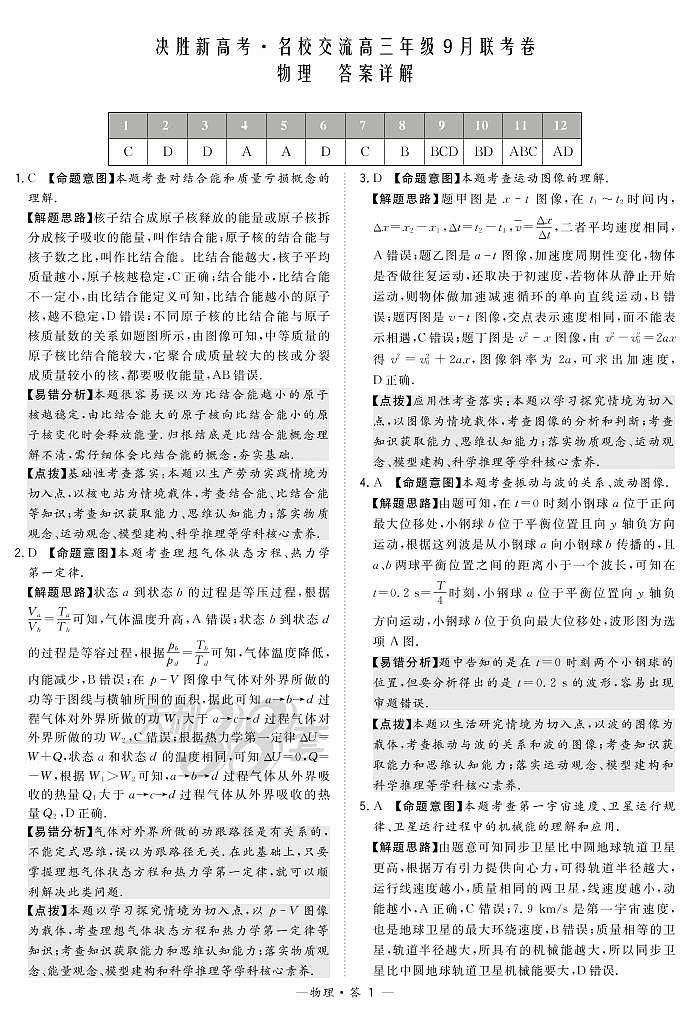 2021决胜新高考・名校交流高三9月联考卷物理PDF版含解析01