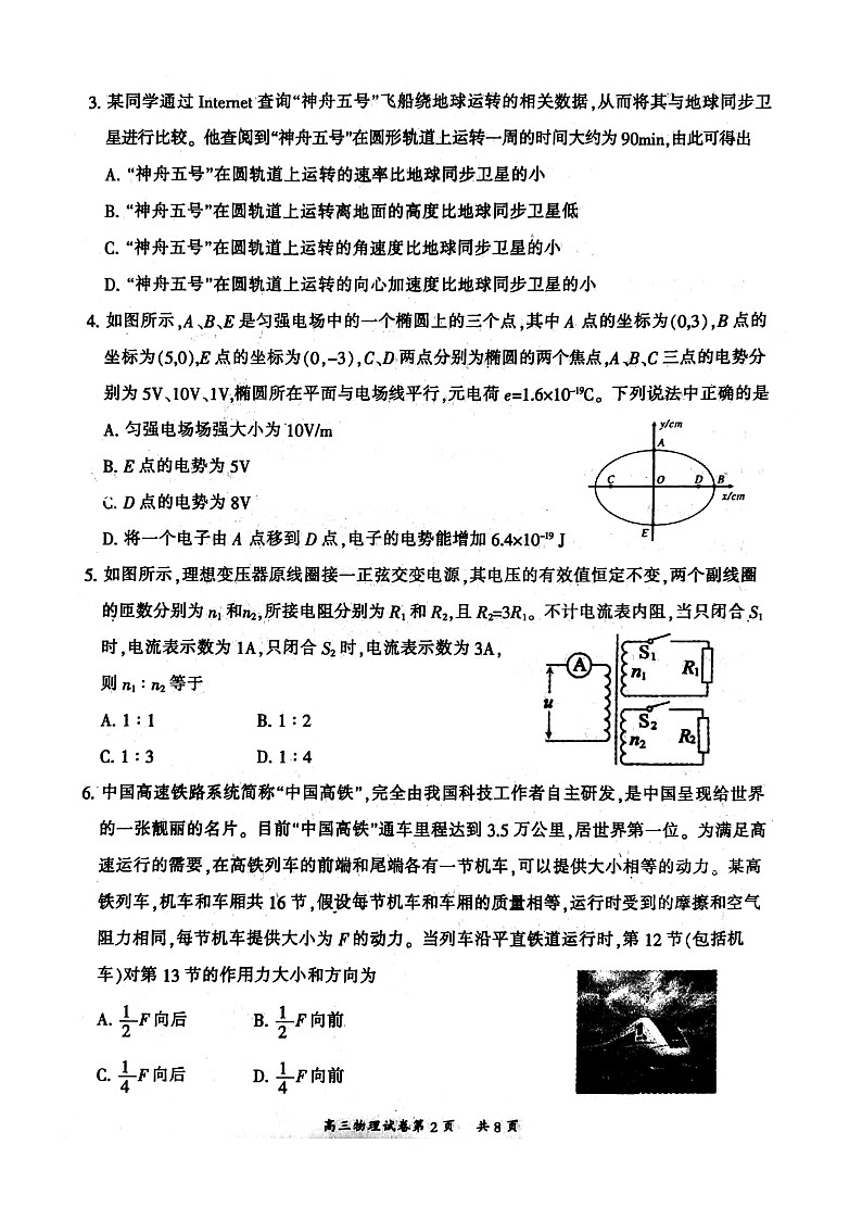 山西省大同市2021届高三学情调研测试物理试题（扫描版）第2页