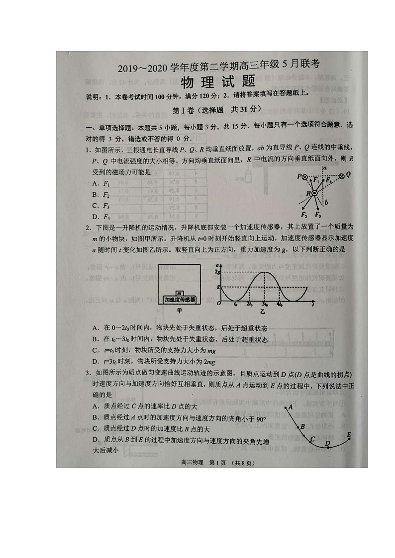 2020沭阳县高三下学期联考物理试题扫描版含答案01