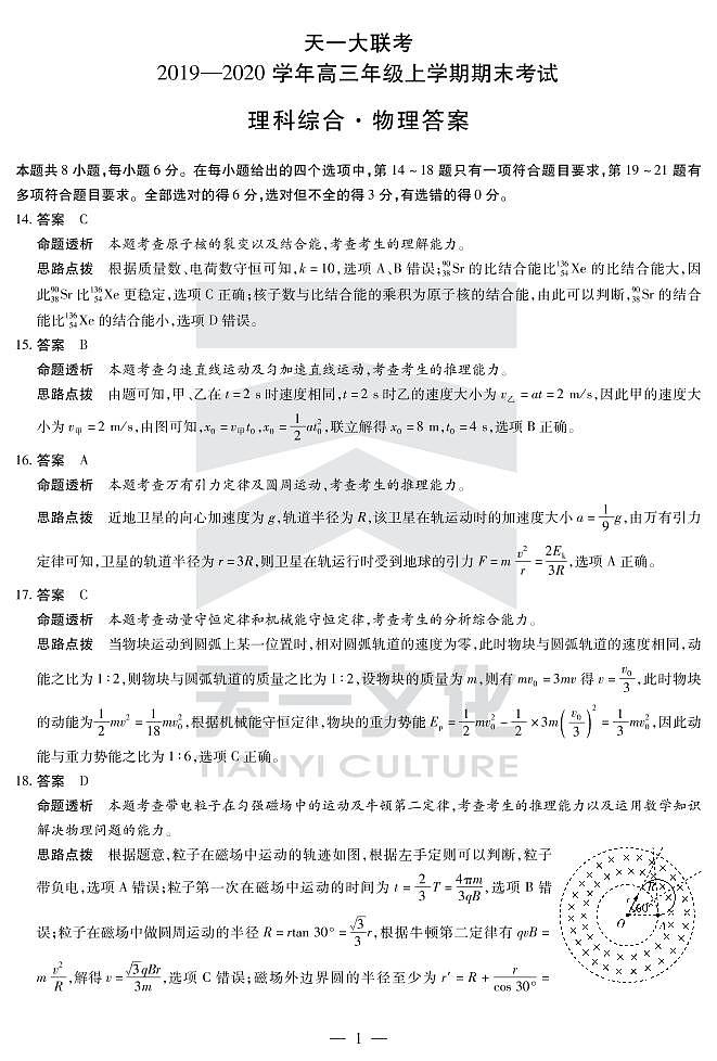2020河南省天一大联考高三上学期期末考试理综物理含解析byfeng01