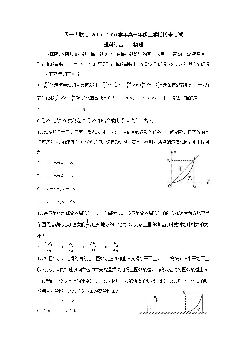 2020河南省天一大联考高三上学期期末考试理综物理含解析byfeng01