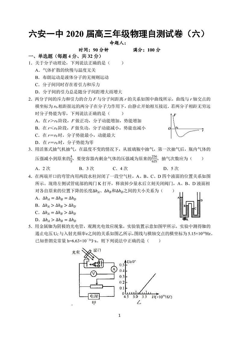 2020六安一中高三下学期自测卷（六）线下考试物理试题PDF版含答案第1页