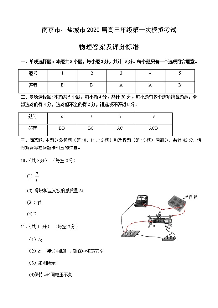 2020南京、盐城高三第一次模拟考试（1月）物理含答案01