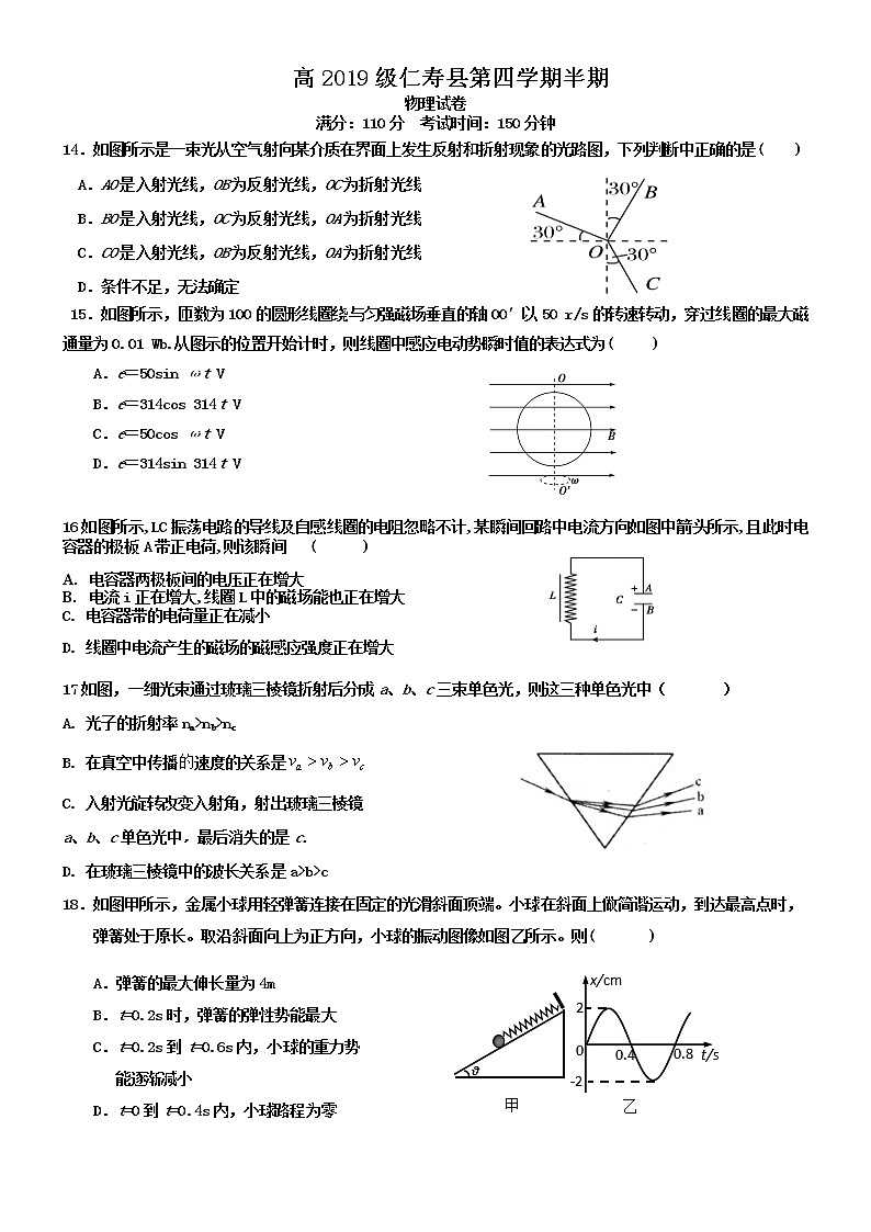 2021眉山仁寿县四校高二5月月考物理试题含答案第1页