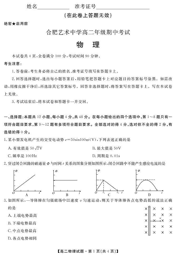 2021合肥艺术中学高二下学期期中考试物理试卷PDF版含答案第1页