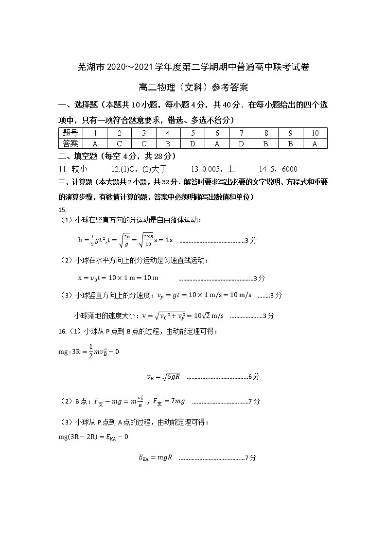 2021芜湖高二下学期期中联考物理（文）试卷扫描版含答案01