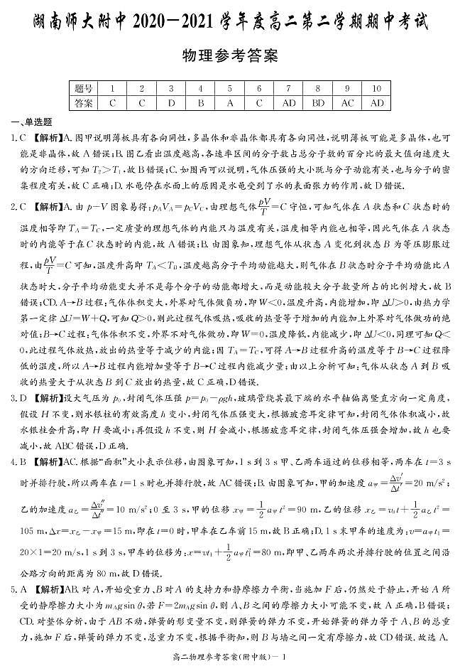 湖南师范大学附属中学2020-2021学年高二下学期期中考试物理答案第1页