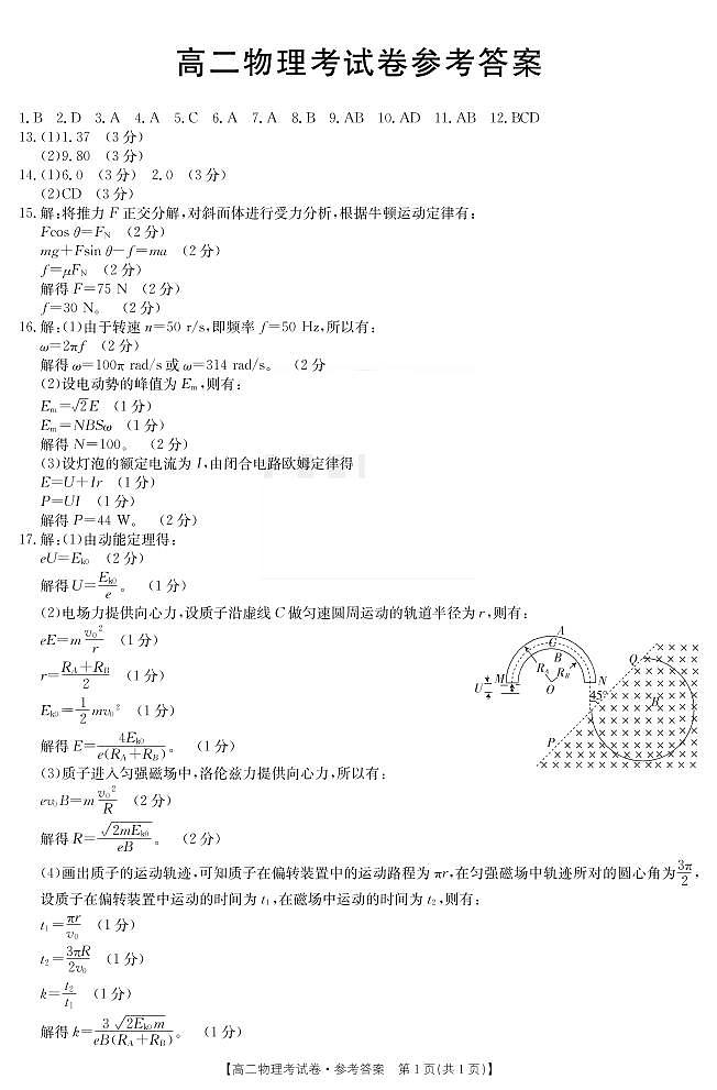 云南省巍山县2021年4月高二月考试题物理答案第1页