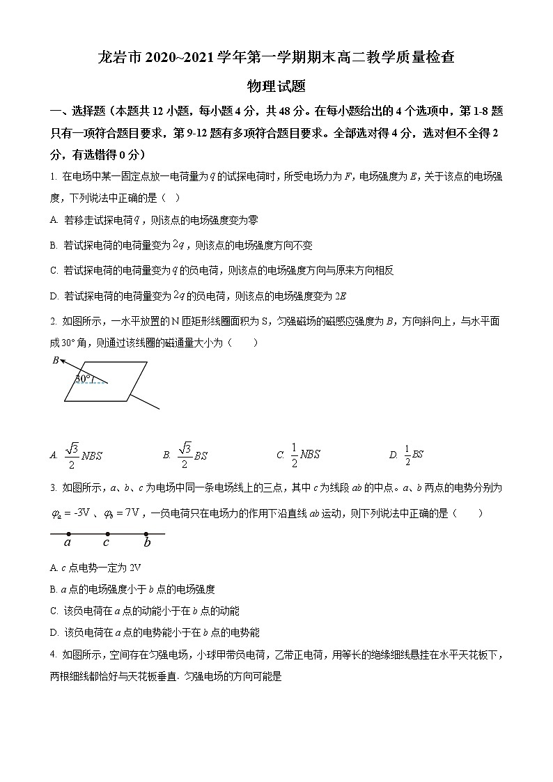 2021龙岩高二上学期期末考试物理试题含解析01