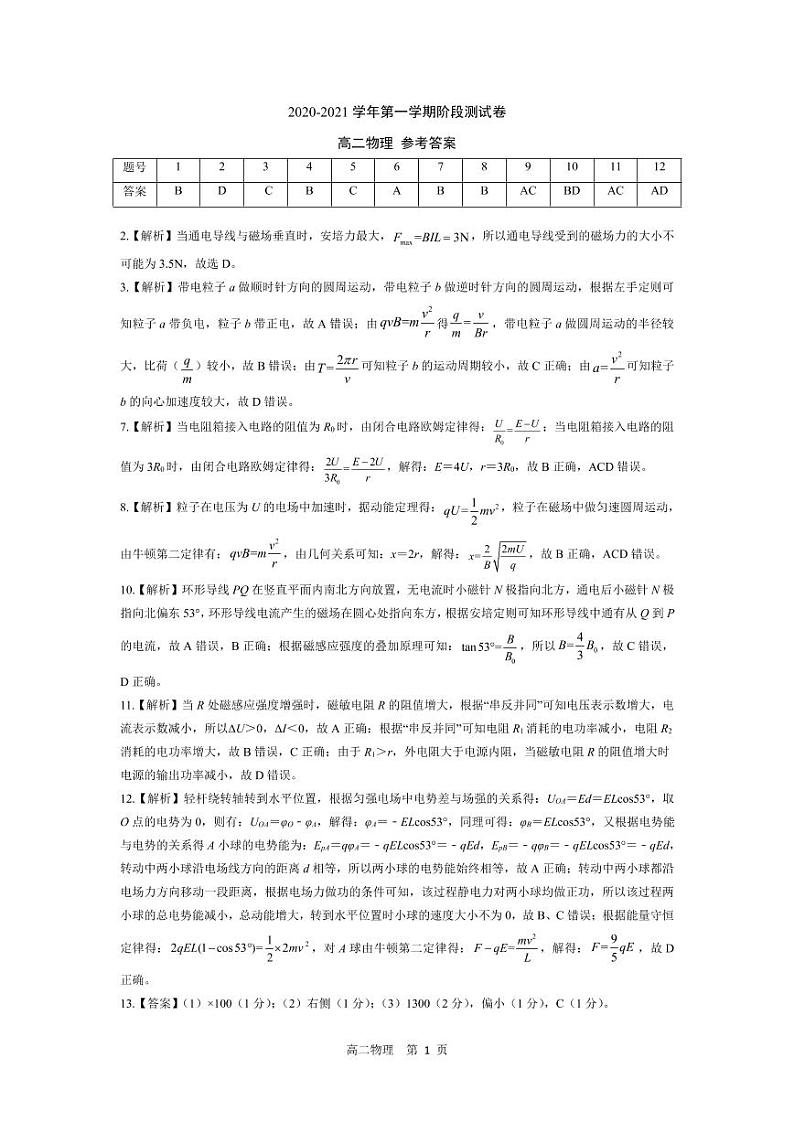 河北省张家口市张垣联盟2020-2021学年高二上学期阶段检测物理答案第1页
