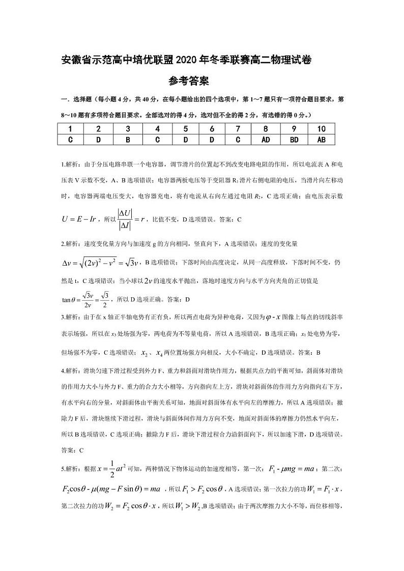 2021安徽省示范高中培优联盟高二上学期冬季联赛物理试题PDF版含答案01