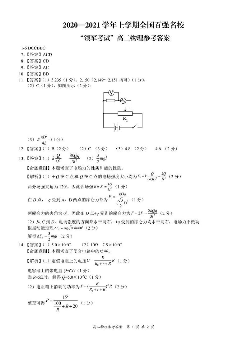全国百强名校“领军考试”2020-2021学年上学期11月高二物理简易答案第1页