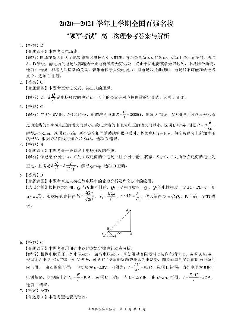全国百强名校“领军考试”2020-2021学年上学期11月高二物理详细答案第1页