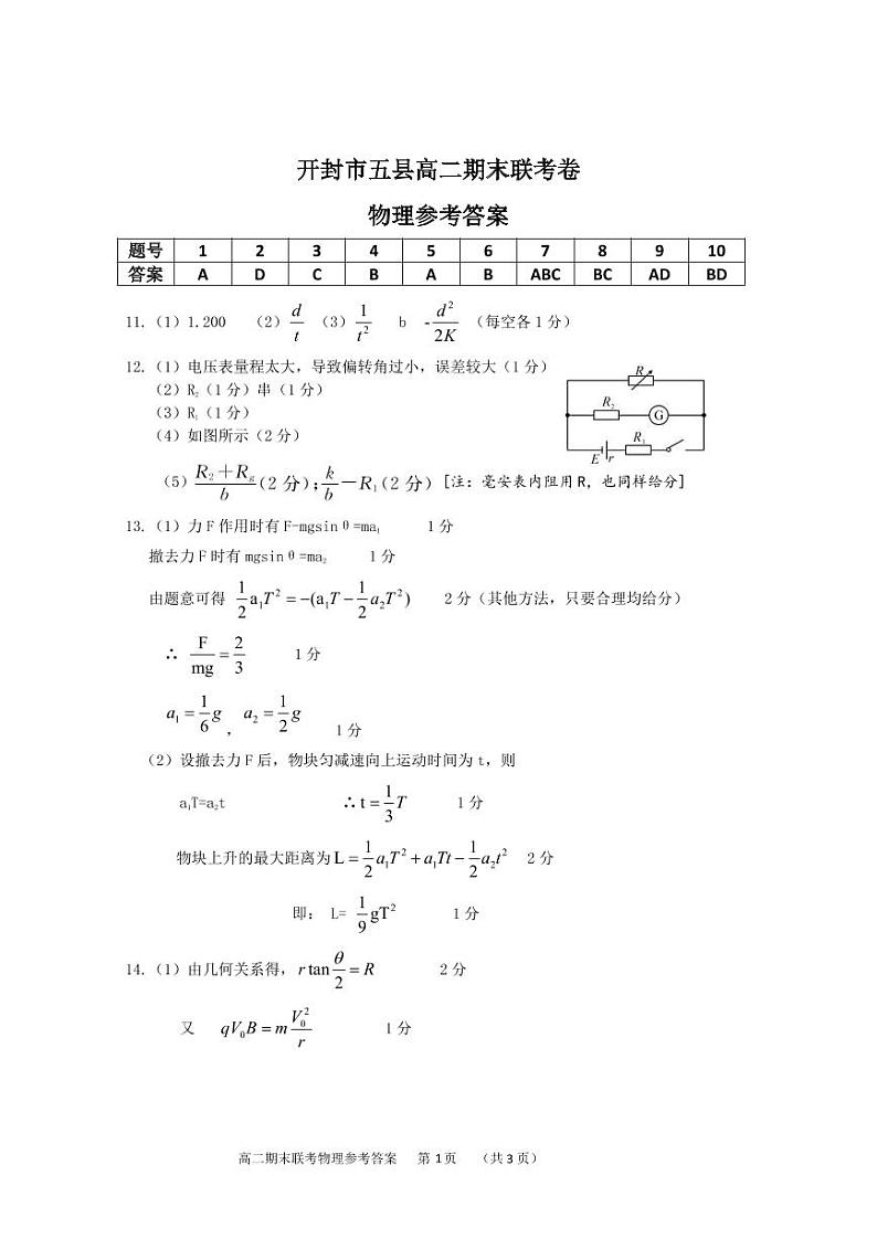 河南省开封市五县联考2019-2020学年高二下学期期末考试物理答案第1页
