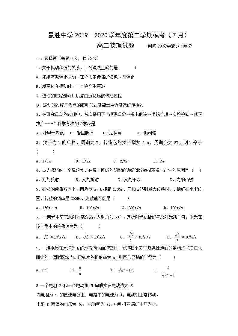 2020运城景胜中学高二下学期期末考试（7月）物理试题缺答案01