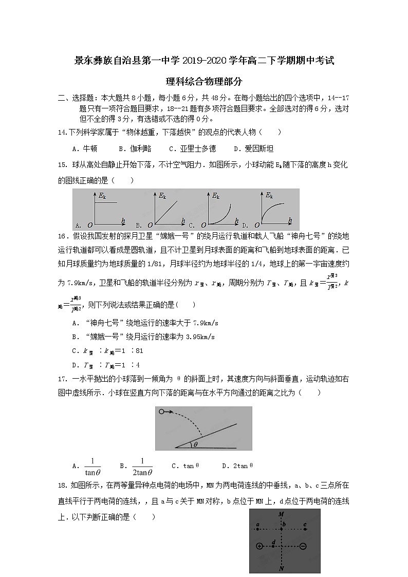 2020普洱景东彝族自治县一中高二下学期期中考理综物理试题含答案第1页