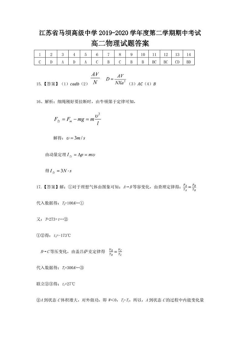 江苏省马坝高级中学2019-2020学年高二下学期期中考试物理答案第1页