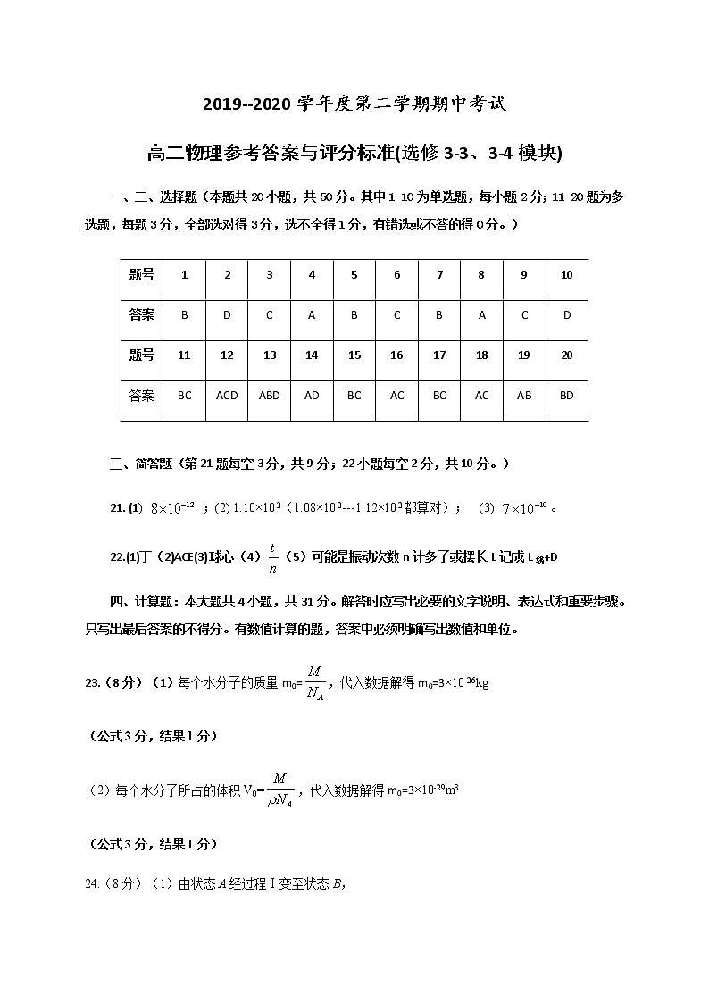 江苏省徐州市2019-2020学年高二下学期期中抽测物理参考答案第1页