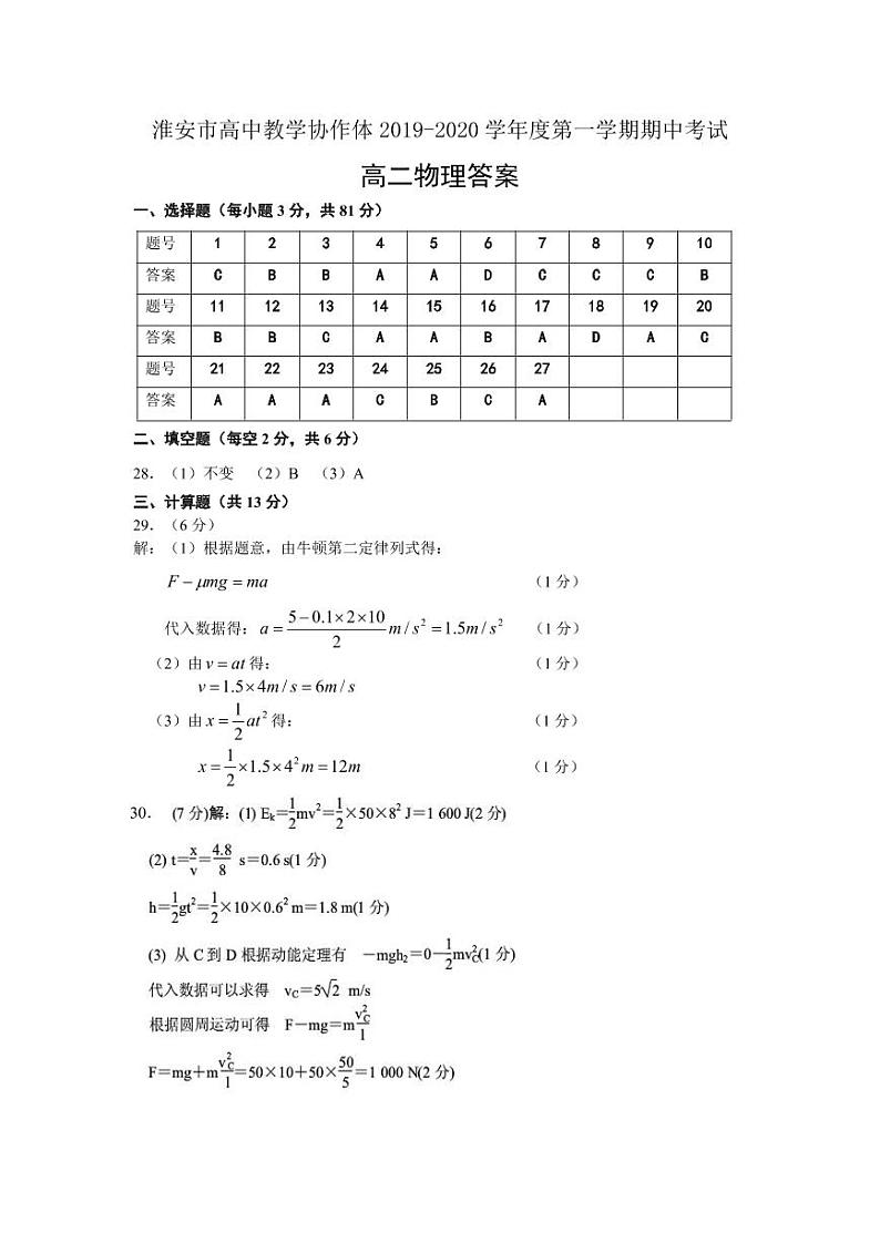 2020淮安高中教学协作体高二上学期期中考试物理（文）试题PDF版含答案01
