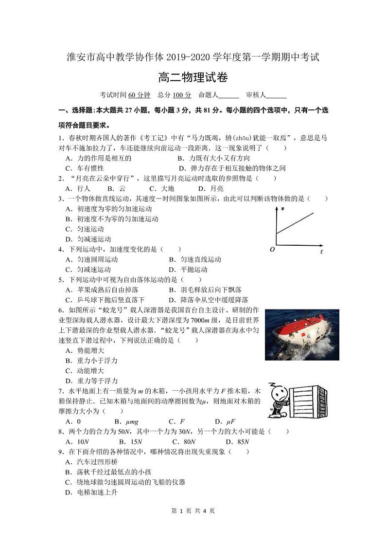 2020淮安高中教学协作体高二上学期期中考试物理（文）试题PDF版含答案01