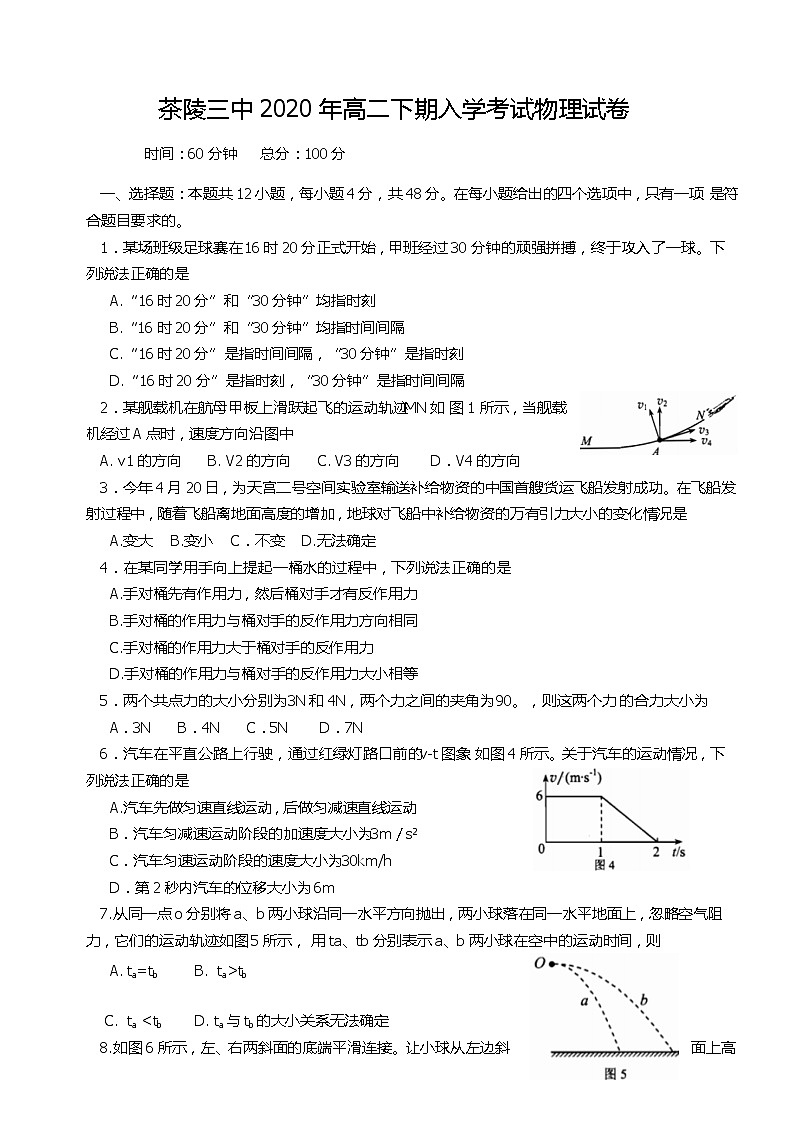 2020茶陵县三中高二下学期入学考试物理试题缺答案第1页