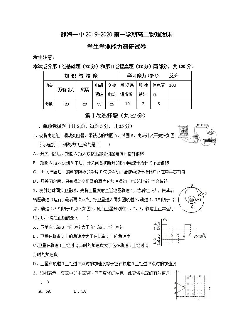 2020天津静海区一中高二上学期期末学生学业能力调研物理试题含答案第1页