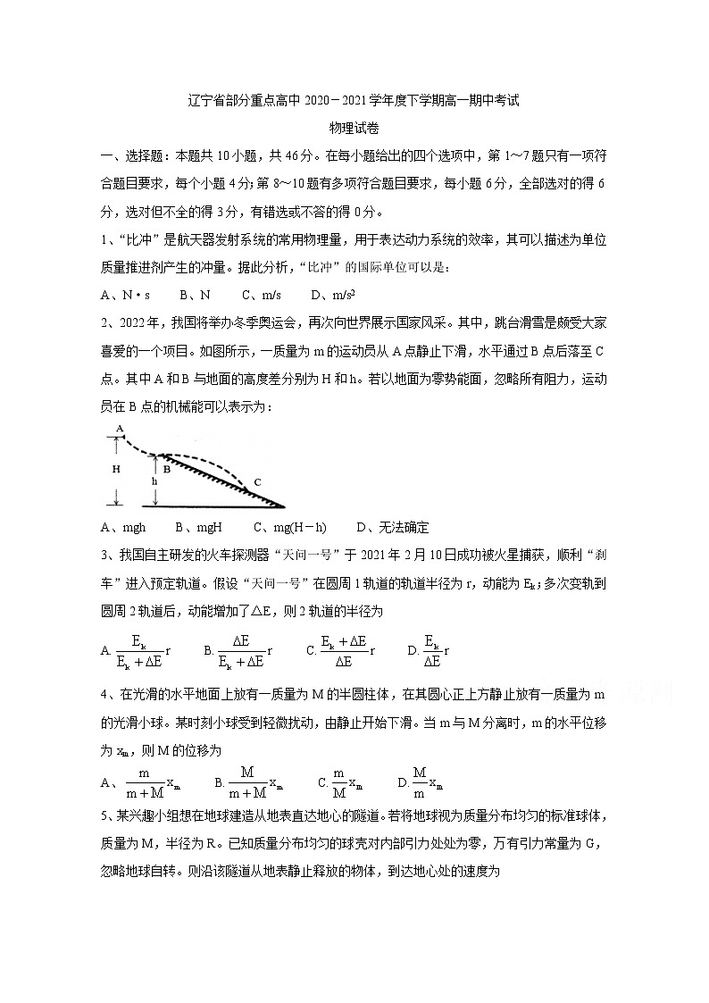 2021辽宁省部分重点高中高一下学期期中考试物理含答案第1页