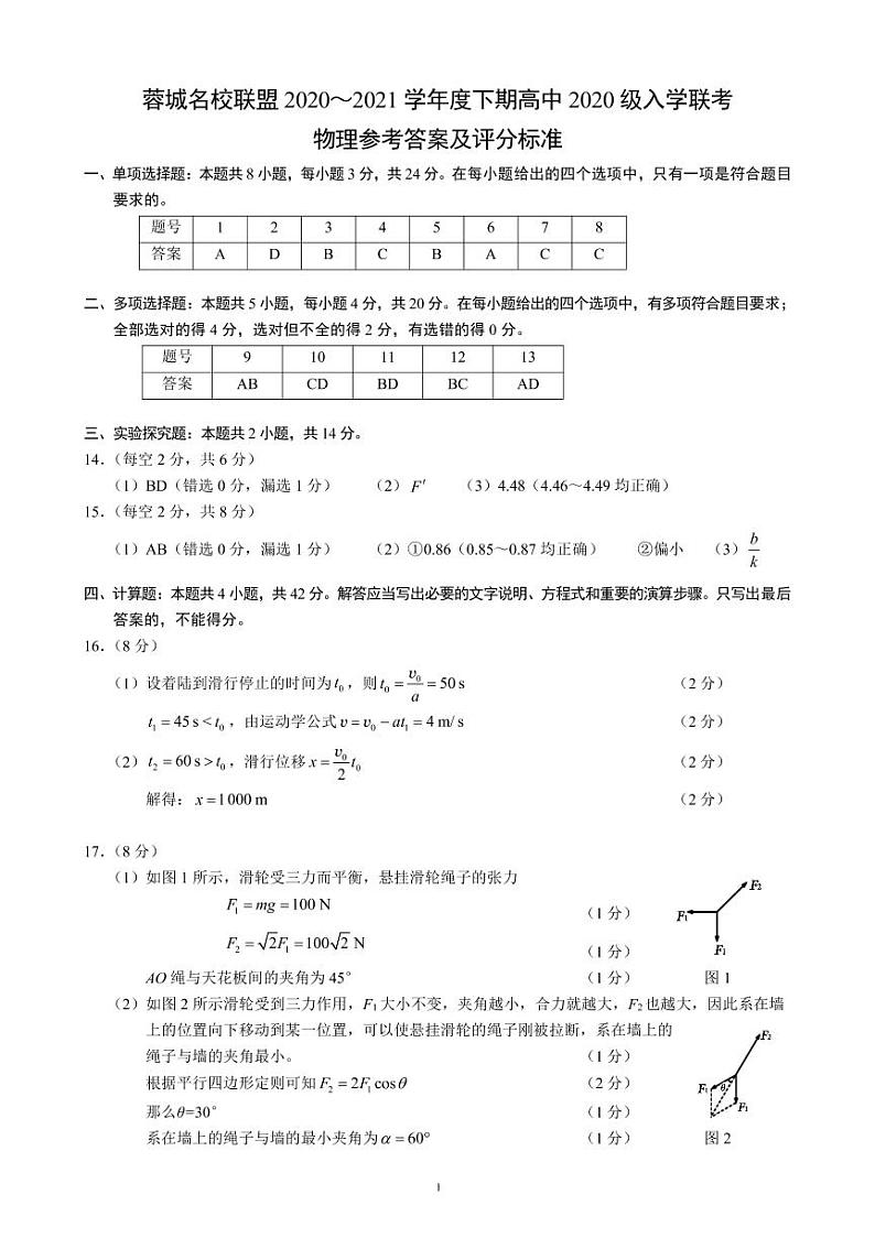 2021成都蓉城名校联盟高一下学期入学联考物理试题PDF版含答案01