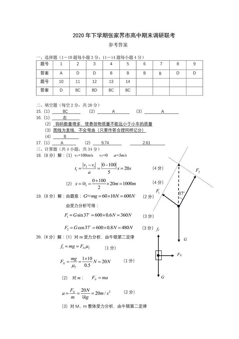 2021张家界高一上学期期末考试物理试题含答案01
