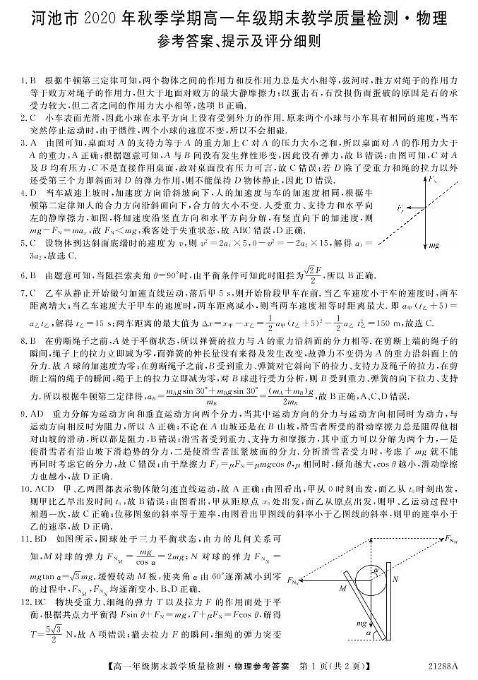 2021河池高一上学期期末物理试题PDF版含答案01