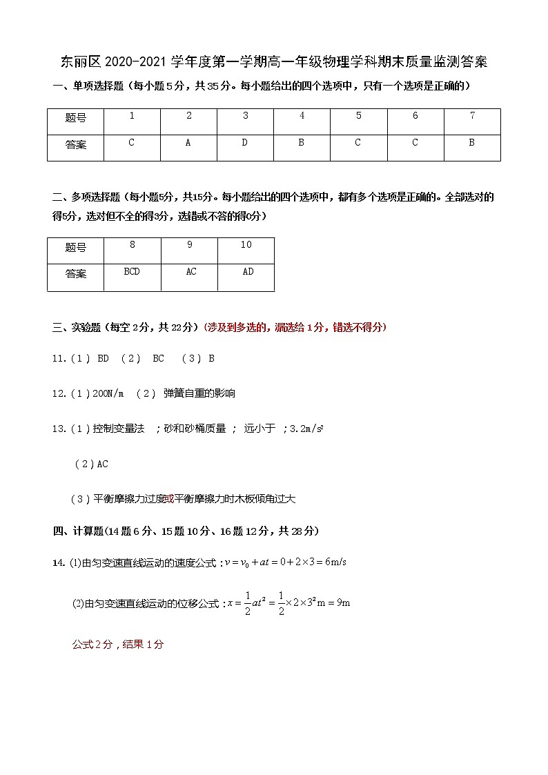 2021天津东丽区高一上学期期末考试物理试题扫描版含答案01