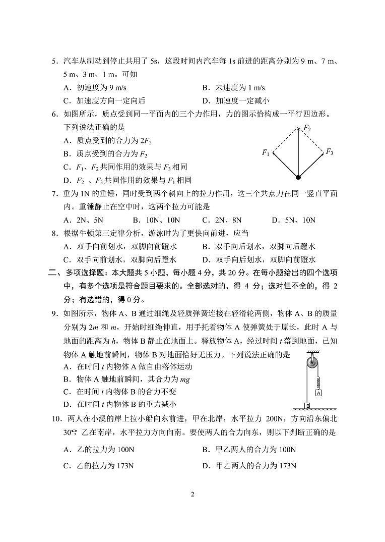 2021海口中学高一上学期期中考试物理试题PDF版含答案第2页